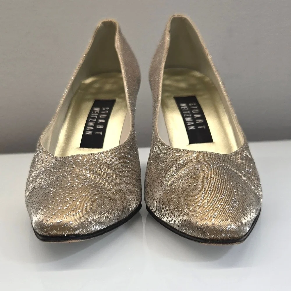 Stuart Weitzman Heel Pumps Womens 7B Gold Glitter Pointed Toe Evening Party Glam